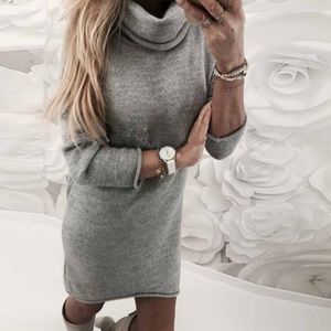 Gray Cowl Neck Long Sleeve Midi Dress